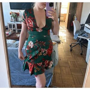PLT Green floral lace up deep cut vneck corset flare hem mini dress
